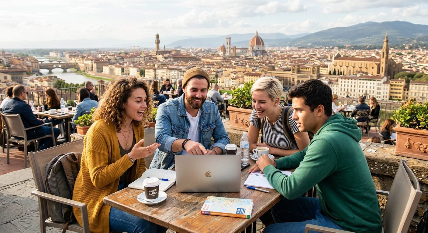 Grupo de jovens viajantes discutindo ao redor de um laptop em um café ao ar livre com vista da cidade, simbolizando networking para trabalho remoto.