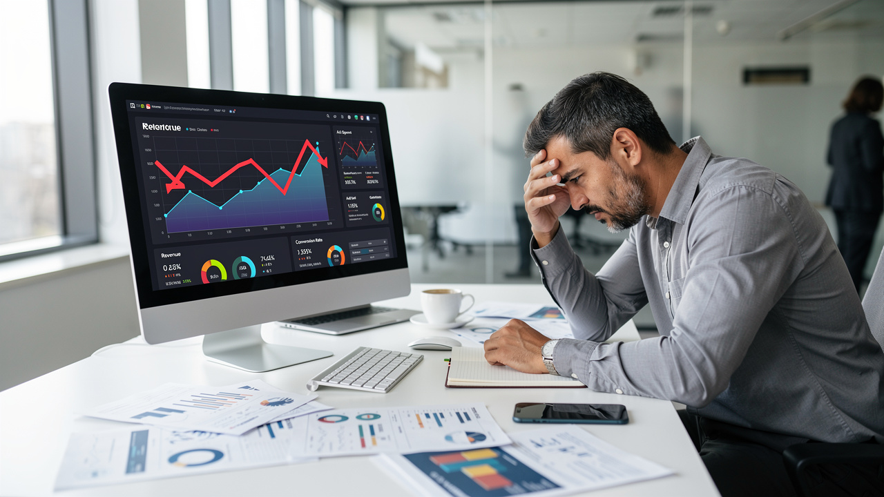Gerente de e-commerce analisando gráficos financeiros com expressão preocupada em escritório moderno