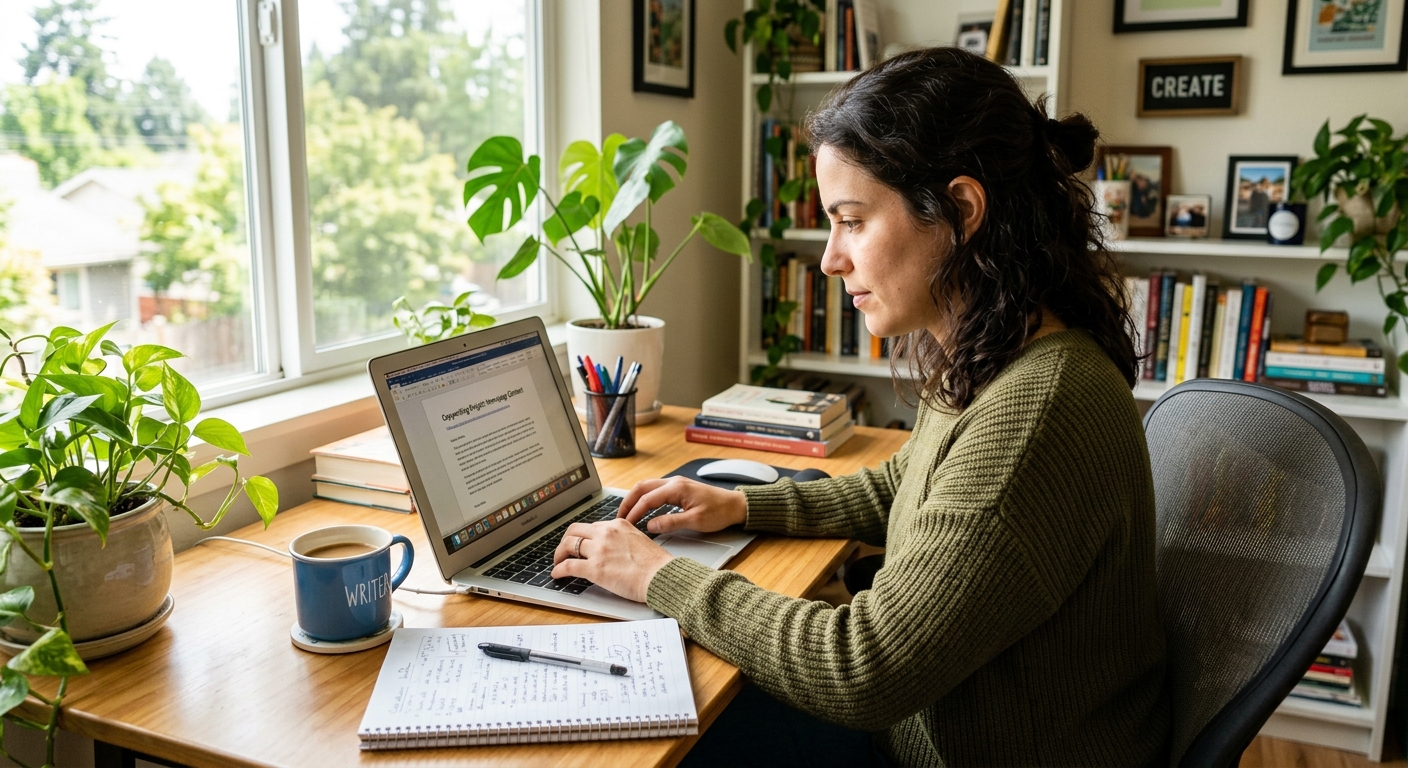 Copywriter focado escrevendo no laptop com anotações e café em um ambiente bem iluminado