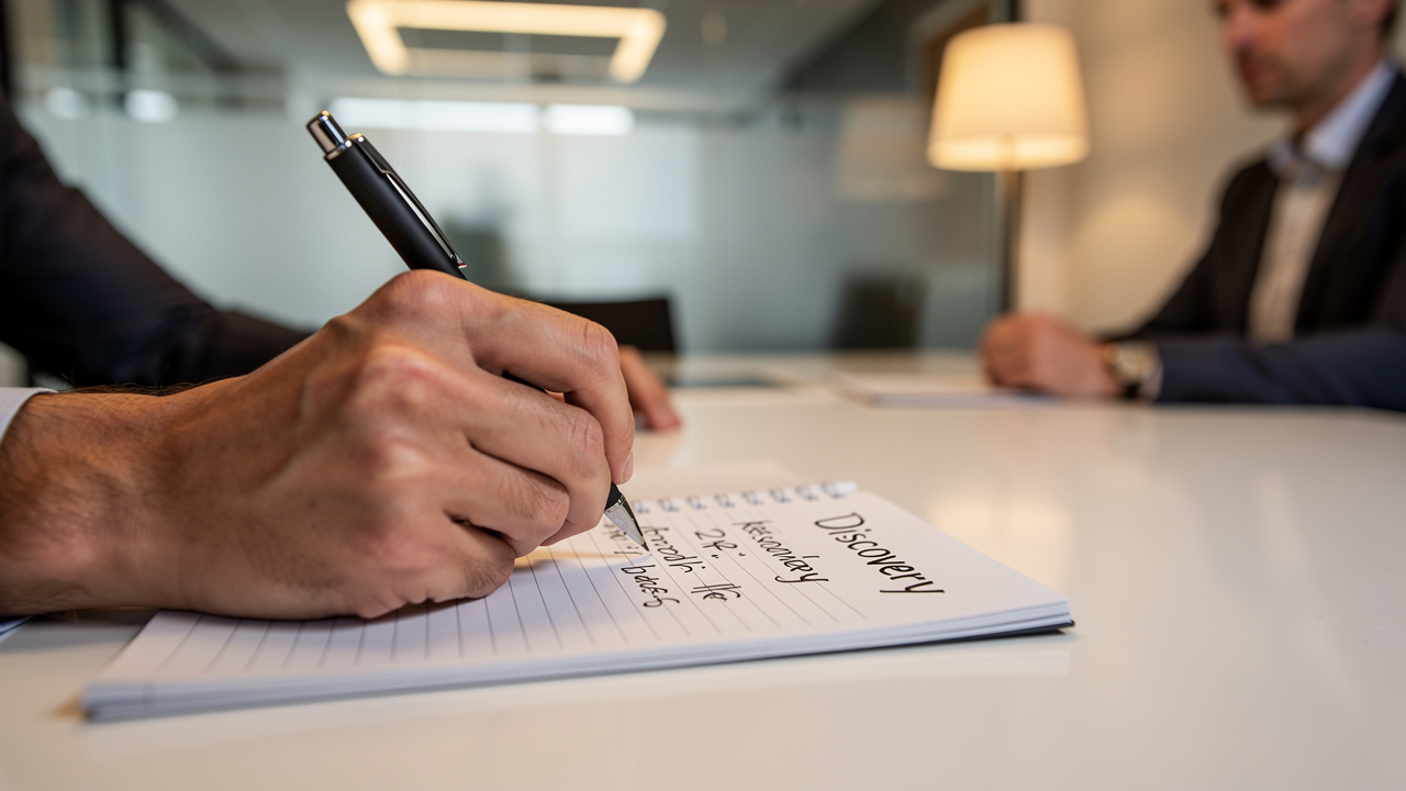 Consultor anotando perguntas de diagnóstico durante entrevista com cliente em escritório moderno
