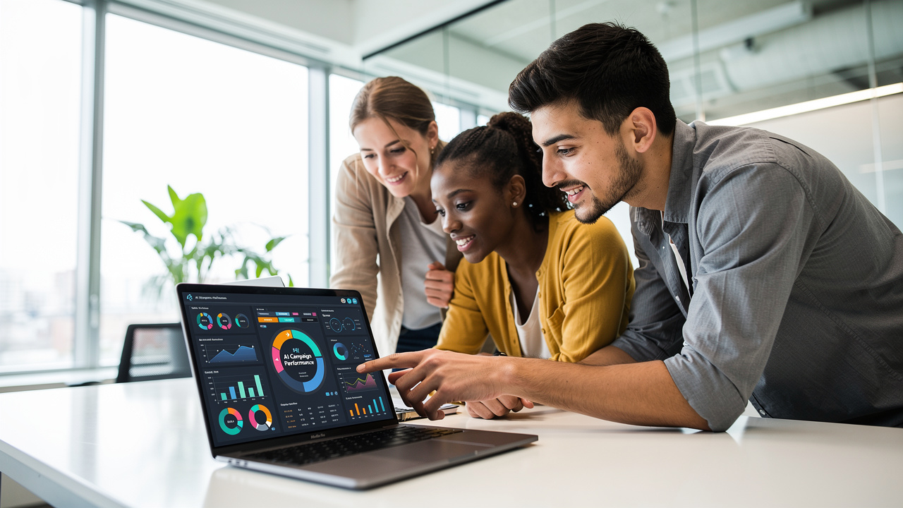 Equipe de marketing analisando painel de IA em laptop em escritório moderno