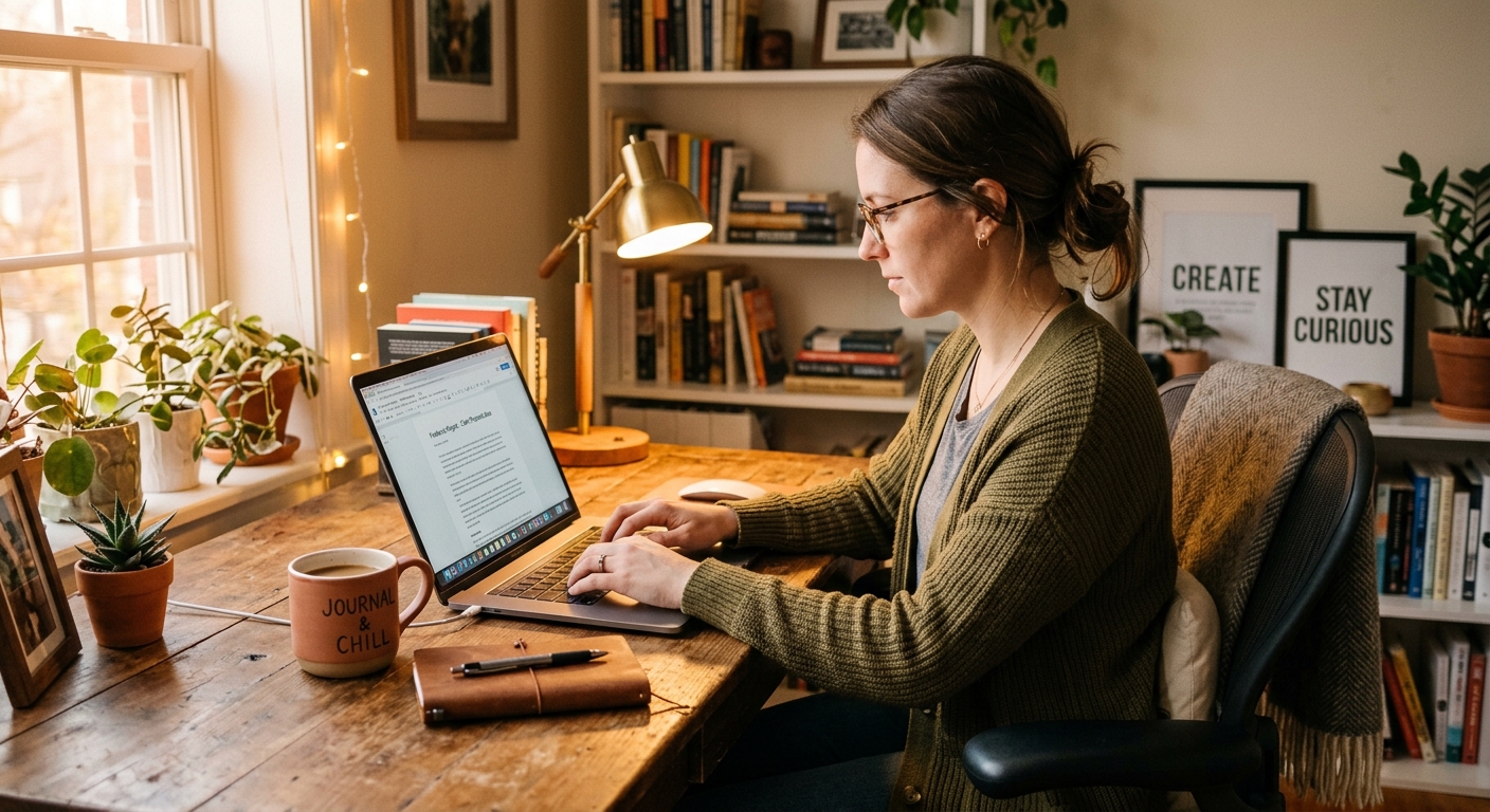 Freelancer trabalhando em escritório em casa, com café e computador