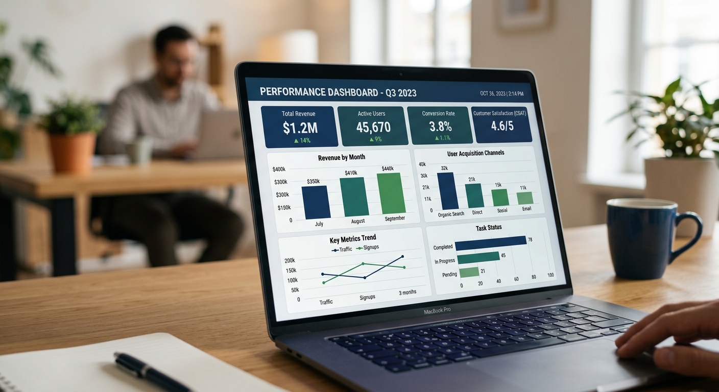 Tela de laptop exibindo dashboard de métricas de desempenho com gráficos e KPIs claros