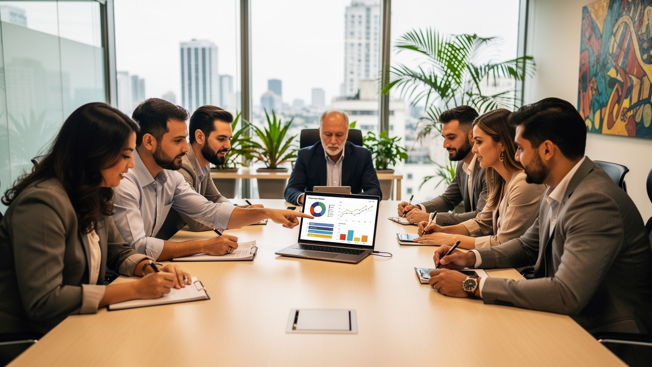 Equipe de marketing revisando resultados de campanha em reunião no escritório