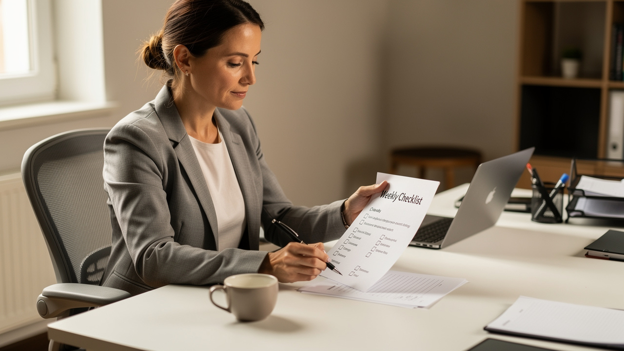 Profissional revisando checklist semanal de processos em mesa de trabalho organizada