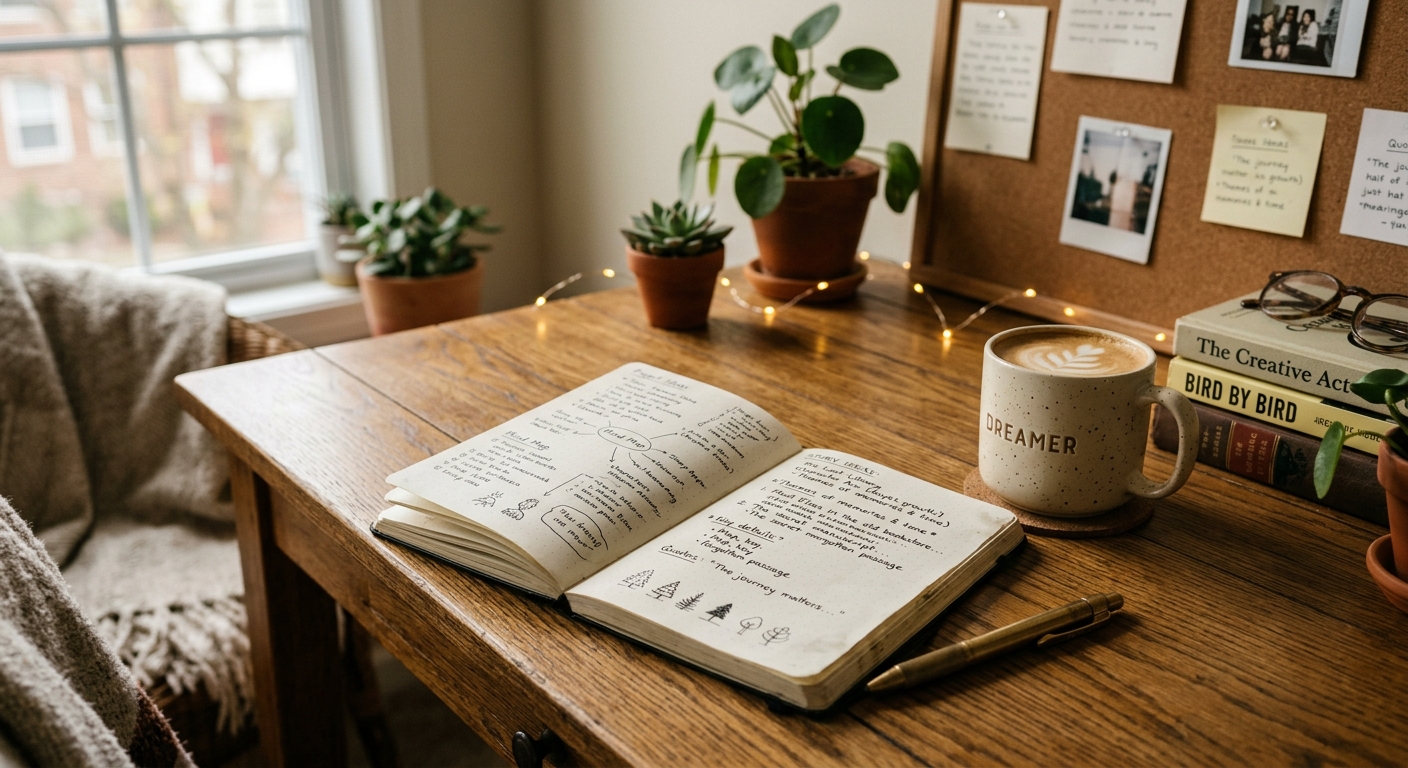 Espaço de trabalho criativo com um caderno e caneca de café, mostrando conteúdo escrito