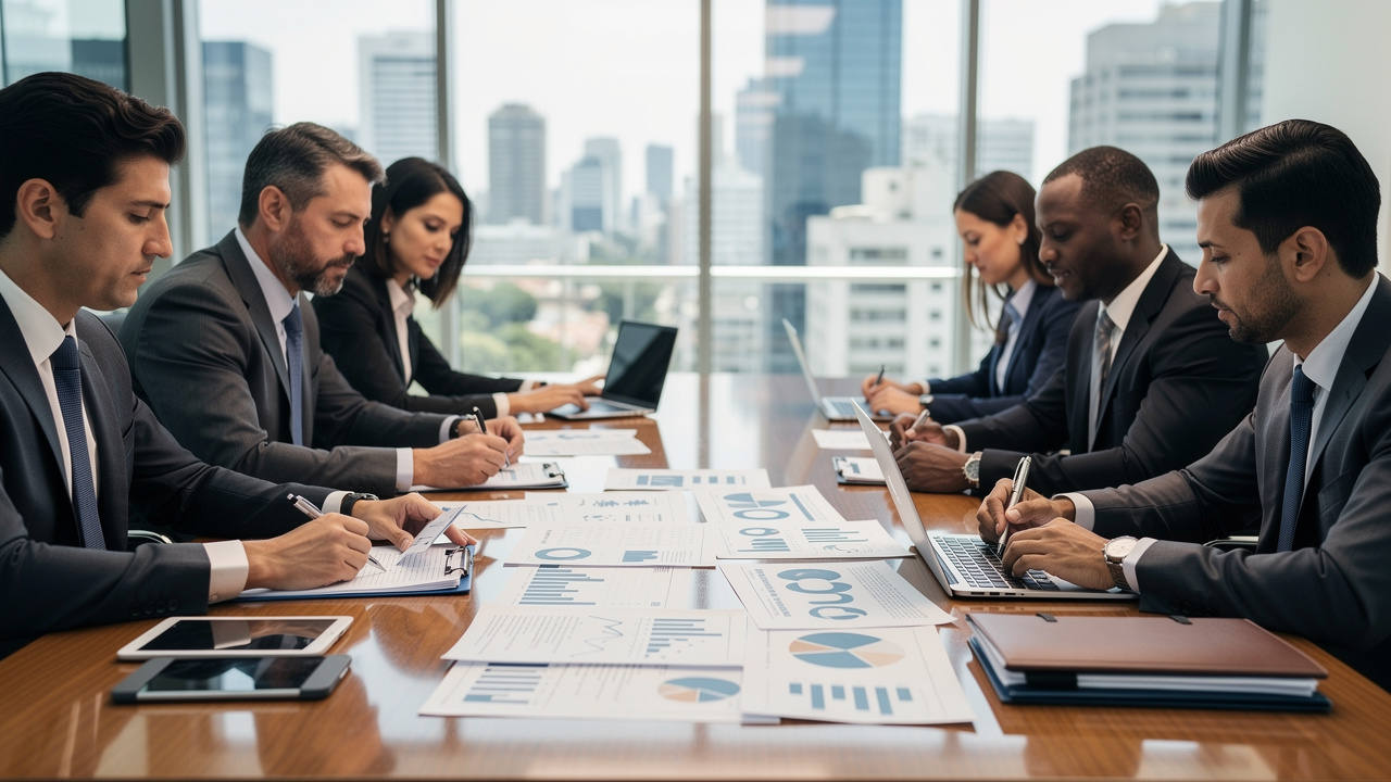 Equipe de negócios brasileira revisando documentos de governança em reunião com luz natural