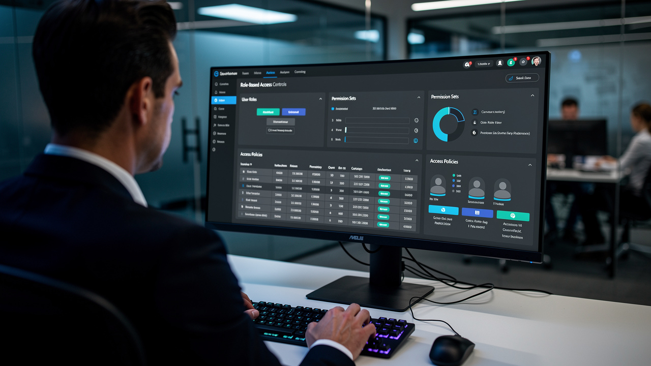 Gerente de TI configurando permissões de acesso em plataforma de gestão de dados corporativa