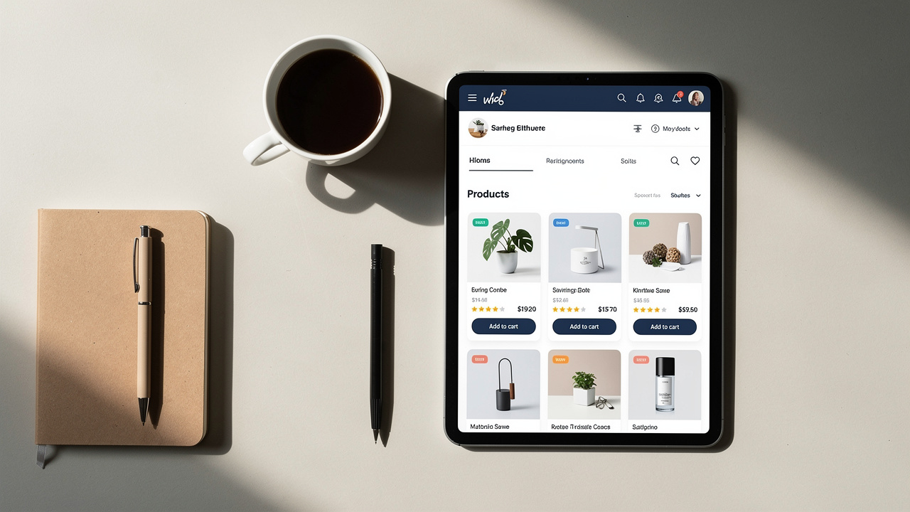 Visão superior de uma mesa de trabalho organizada com um tablet exibindo um painel de e-commerce