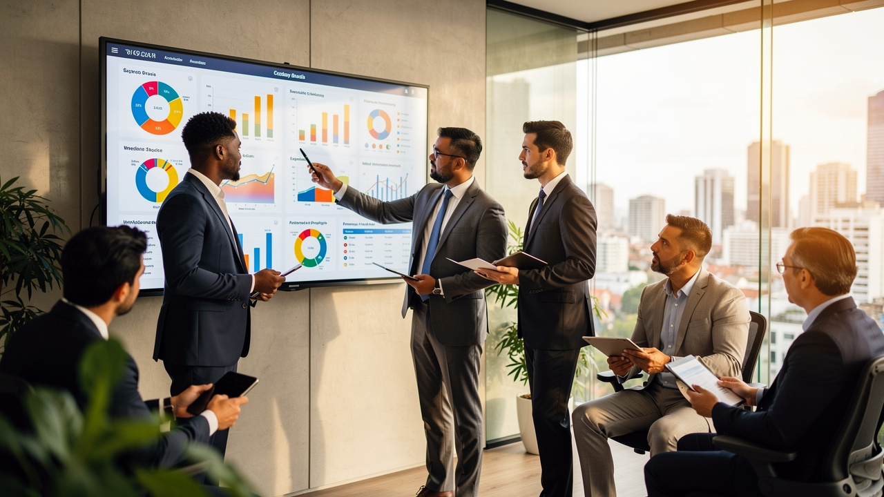 Equipe de negócios analisando dados em tela grande em escritório moderno brasileiro