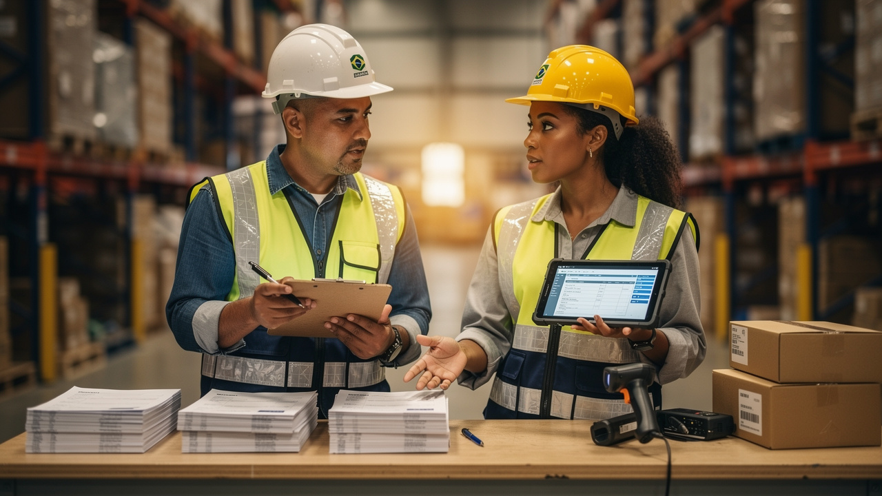 Dois trabalhadores industriais comparando processo de pedido digital e manual em galpão logístico