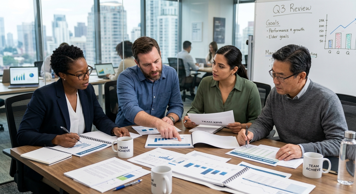 Equipe diversa analisando relatórios de métricas de desempenho em mesa de reunião