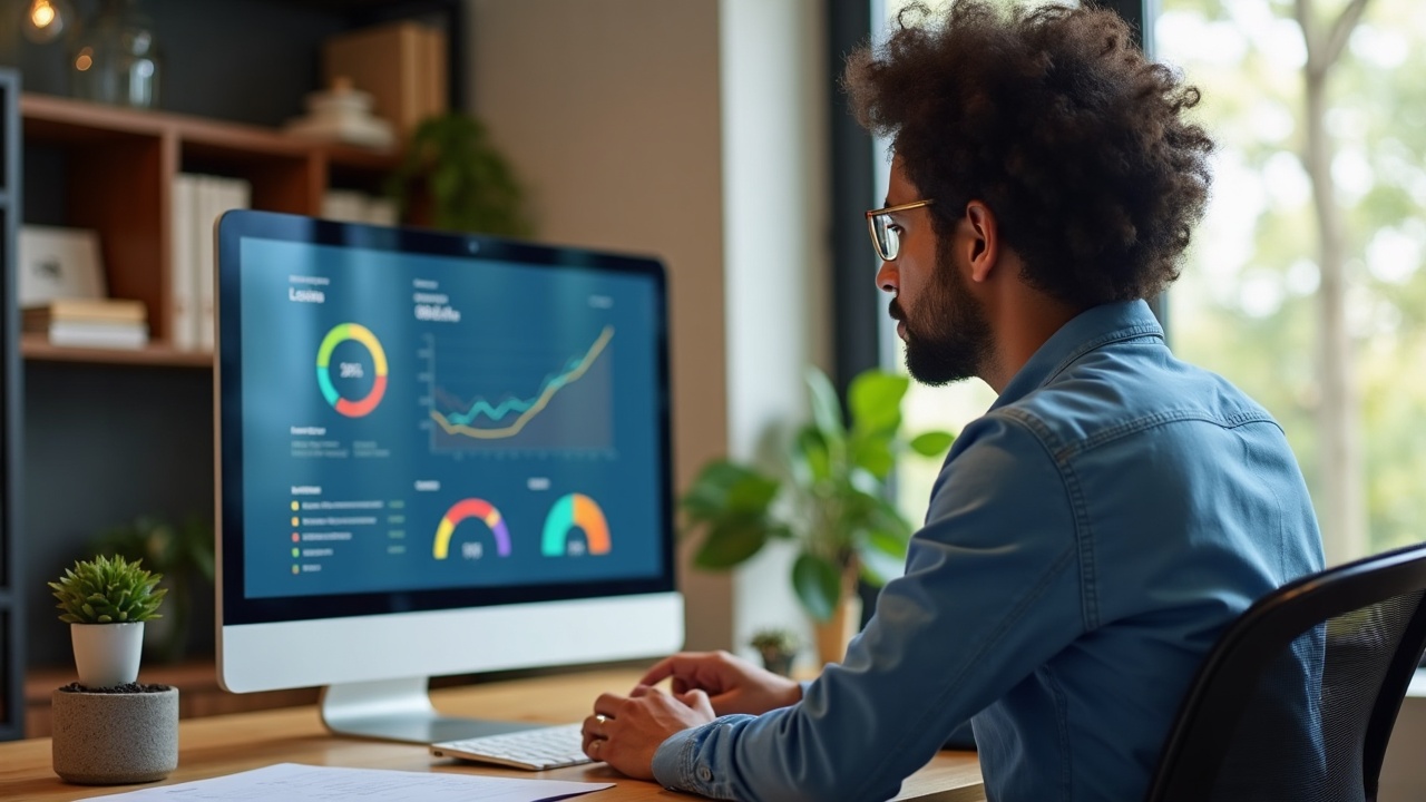 Empreendedor em ambiente de trabalho moderno focado em estratégia enquanto máquina automatiza operação