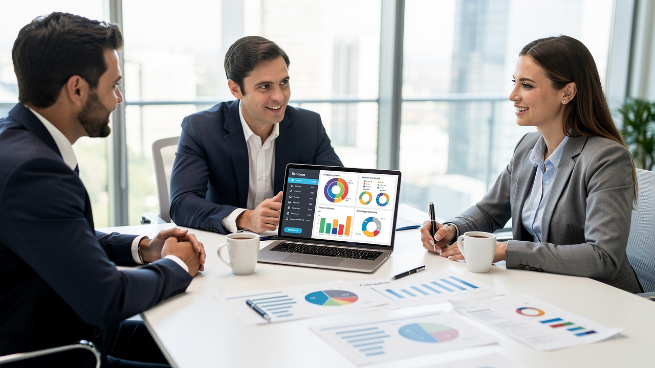 Reunião de equipe de marketing com cliente revisando relatórios e gráficos em laptop