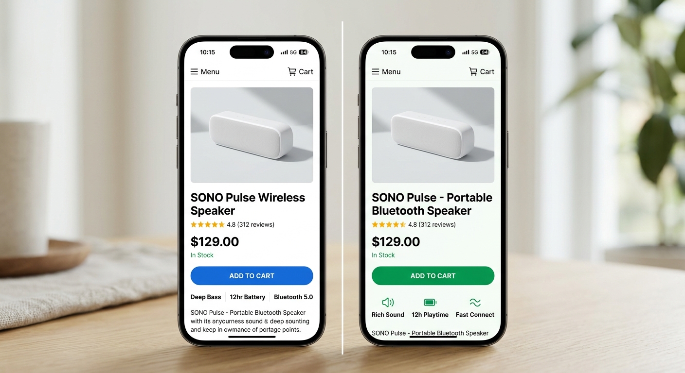 Tela de celular dividida mostrando duas versões de uma página de produto para um teste A/B de otimização