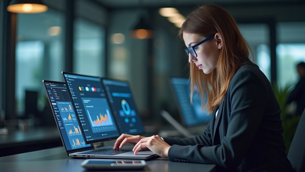 Gestor de e-commerce analisando palavras-chave de produtos em um notebook com gráficos na tela.