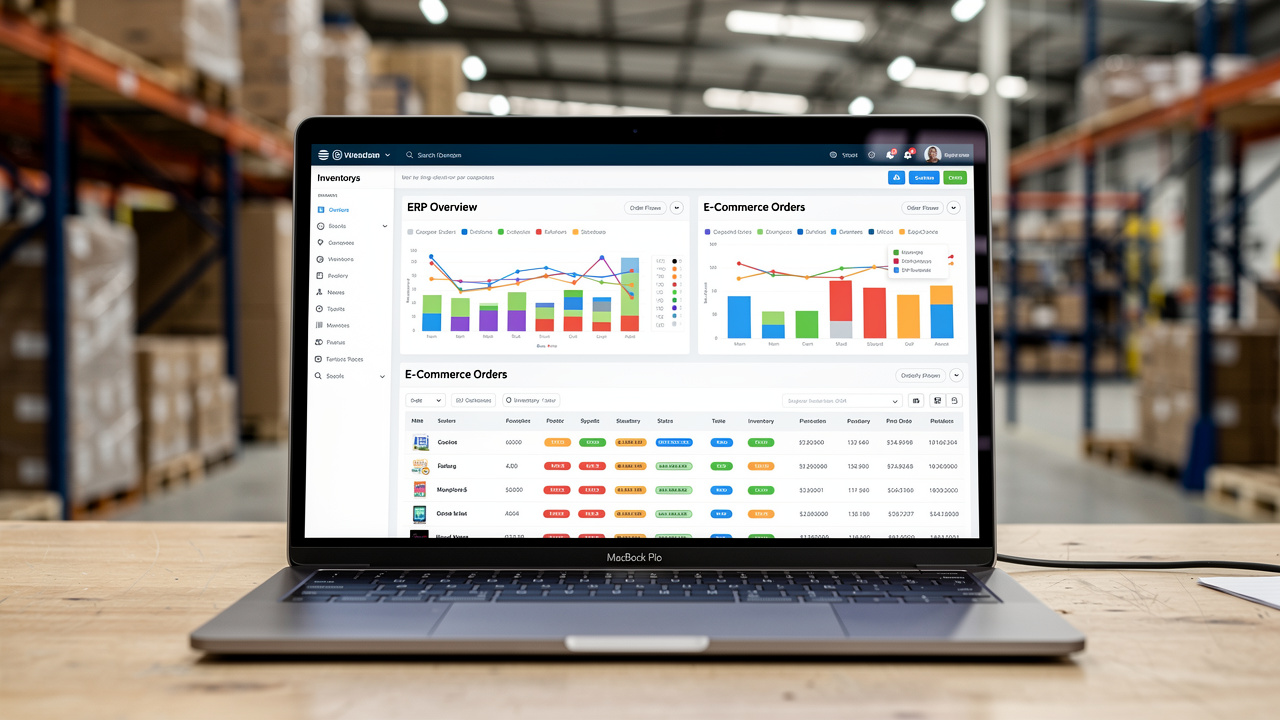 Tela de notebook com integração entre ERP e e-commerce mostrando fluxo de pedidos industriais