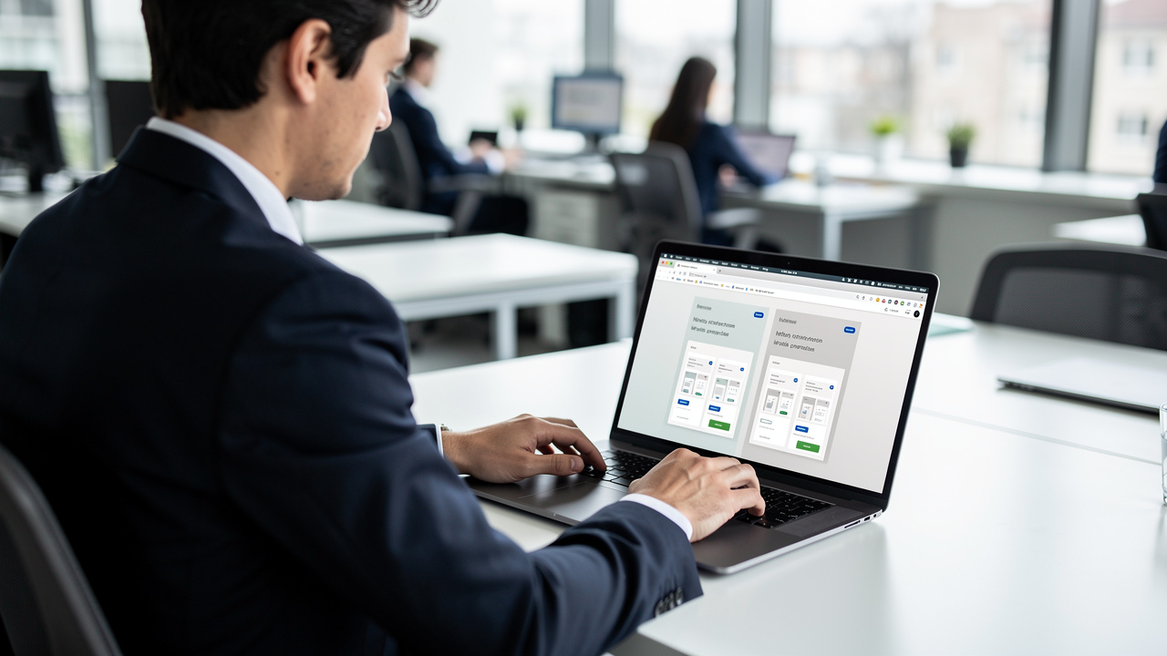 Profissional olhando tela com sites idênticos de empresas diferentes em escritório