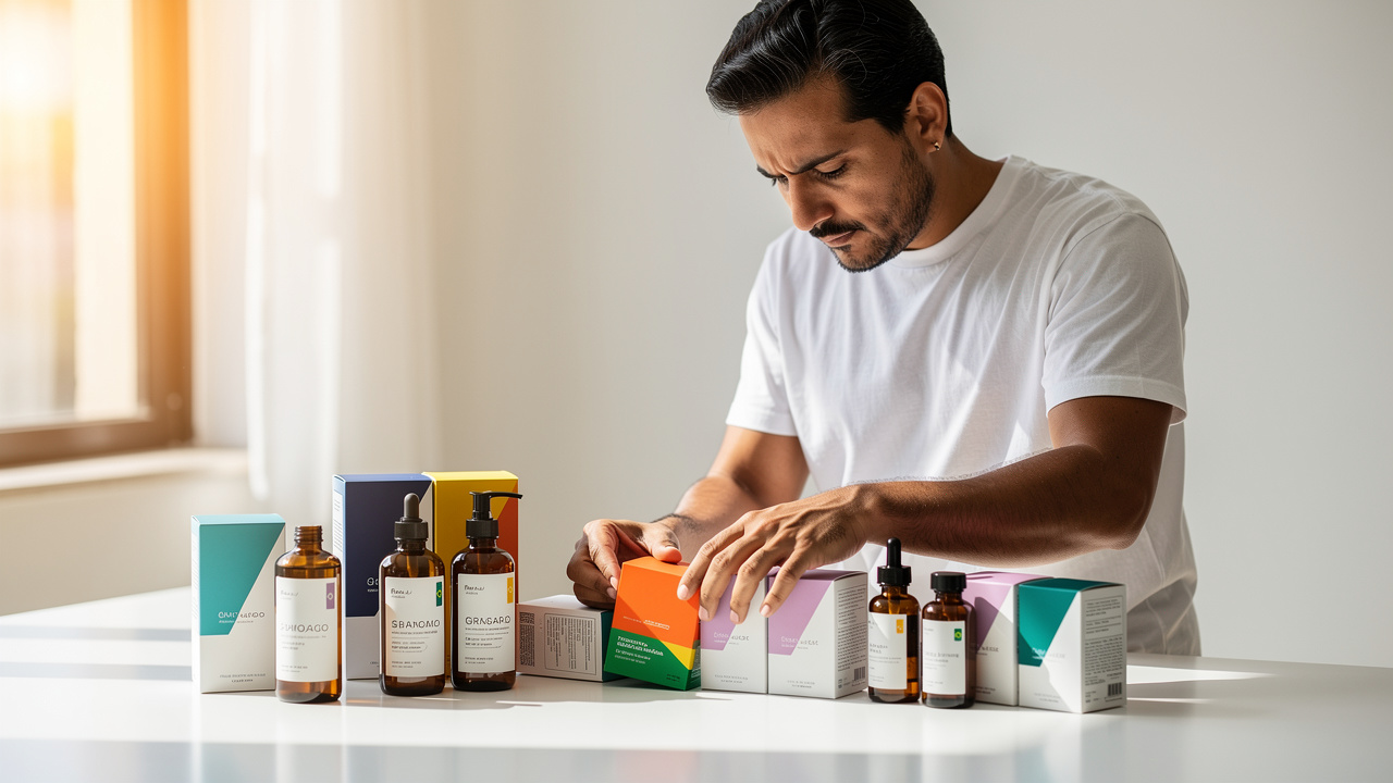 Empreendedora brasileira organizando embalagens de produto em mesa branca com luz natural