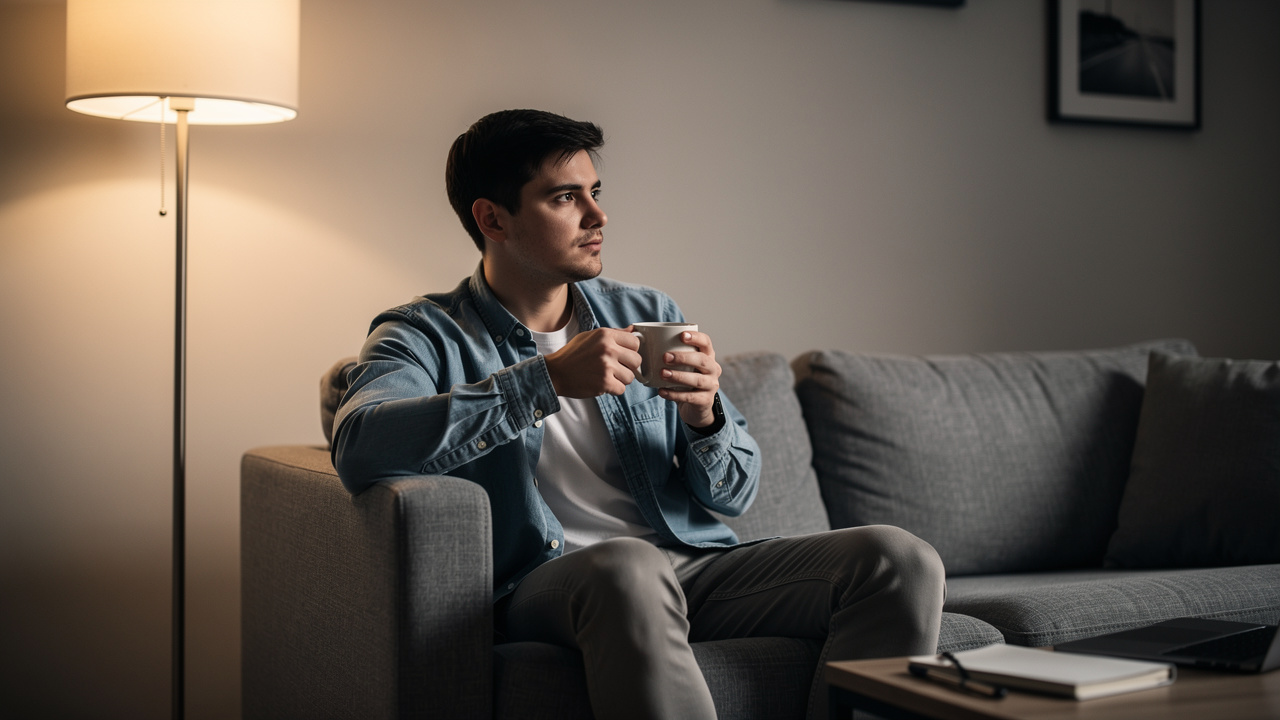 Jovem profissional sentado no sofá com café, descansando de forma tranquila em casa
