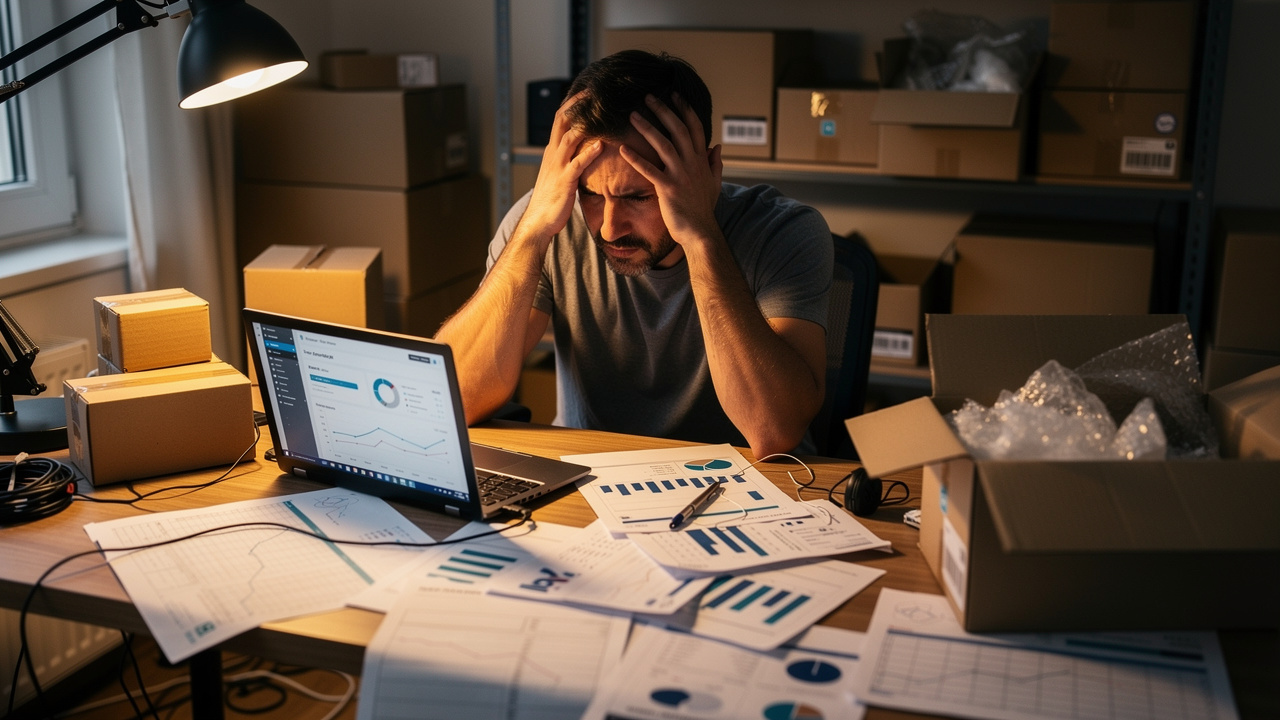 Empreendedor de e-commerce estressado em seu escritório, cercado por planilhas e caixas de produtos.