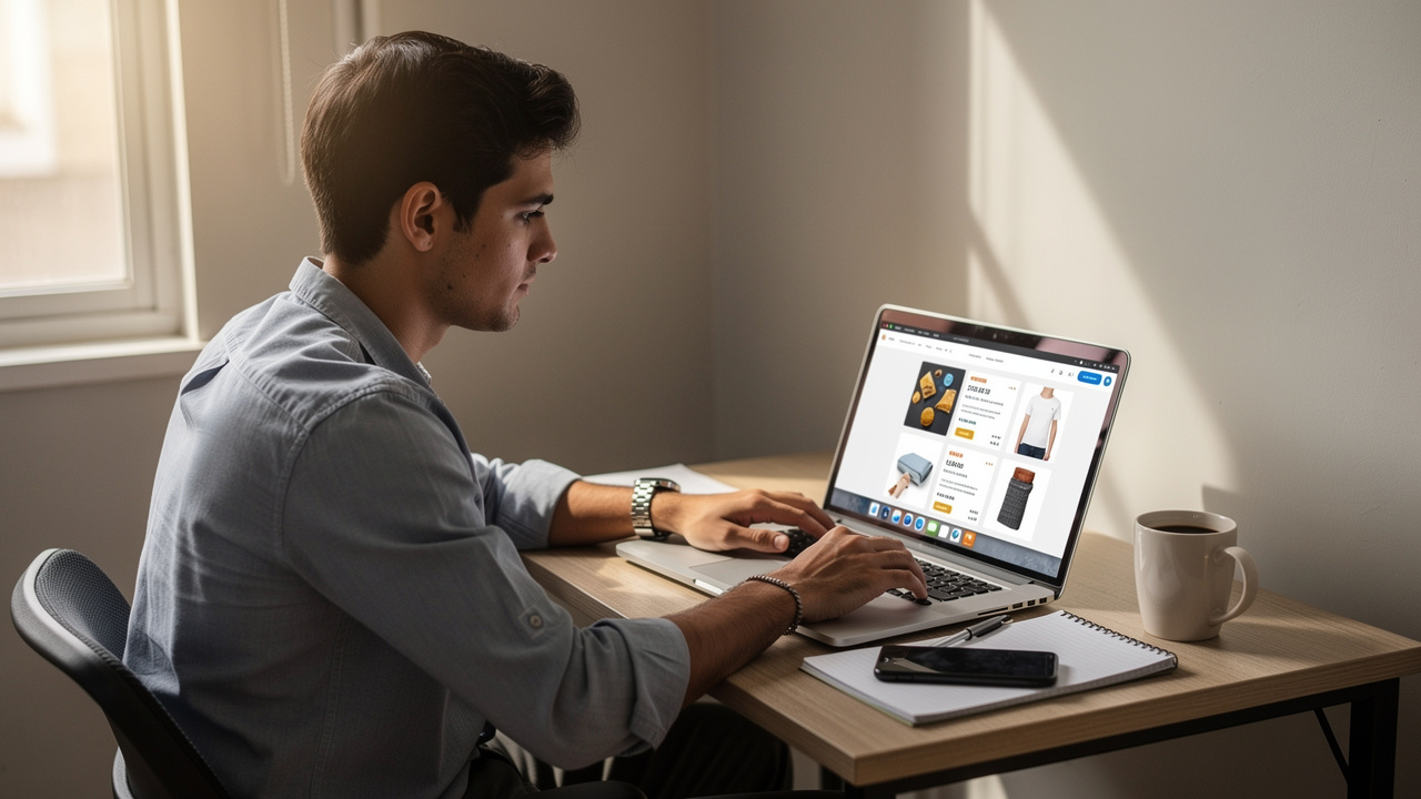 Empreendedor brasileiro comparando listagens de produtos no laptop em escritório pequeno com luz natural