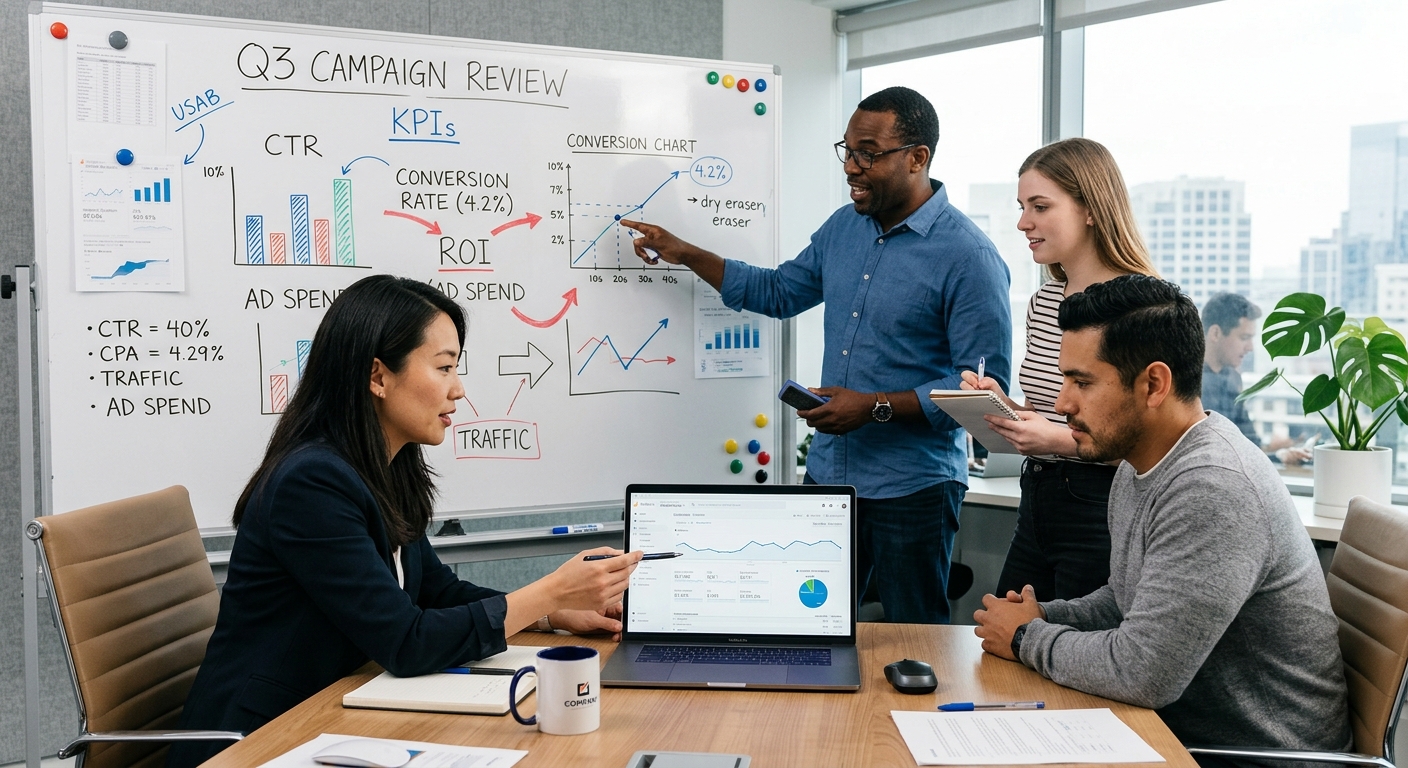 Equipe de marketing revisando KPIs em laptop e quadro branco em escritório moderno