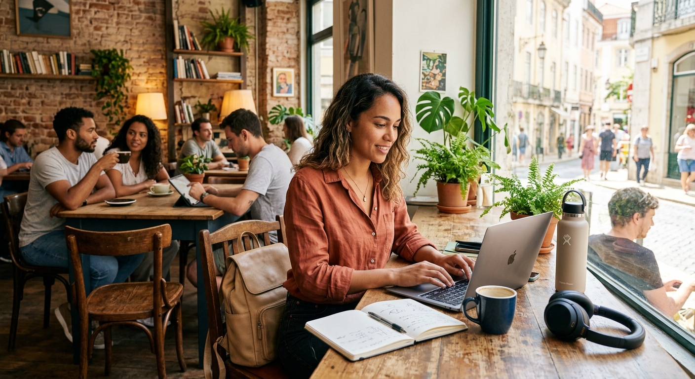 Profissional digital em um café, trabalhando em laptop, em ambiente criativo e diversificado.