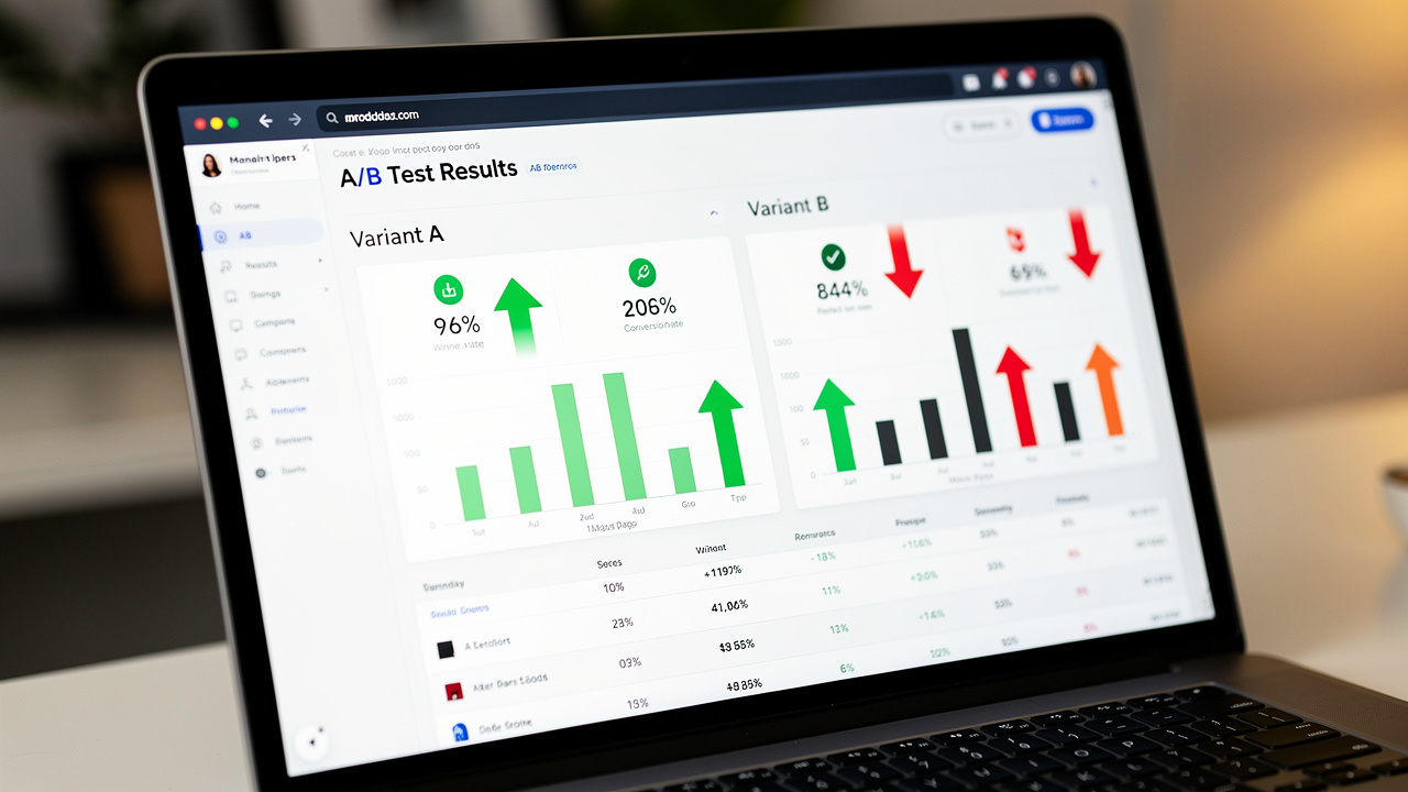 Tela de computador exibindo o resultado de um teste A/B para uma página de produto de e-commerce