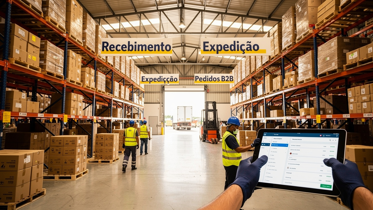 Trabalhadores em galpão industrial brasileiro usando tablets para gestão de pedidos online