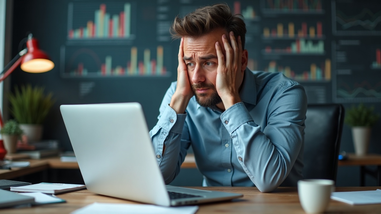 Empreendedor frustrado olhando para um painel de análise de marketing confuso em seu notebook