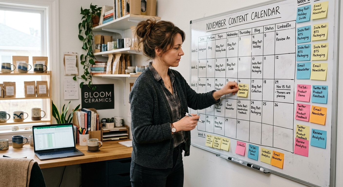 Empreendedora de pequeno negócio planejando um calendário de conteúdo em um quadro branco com notas adesivas coloridas.
