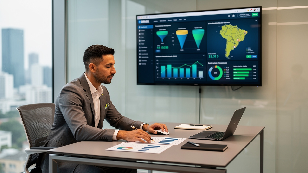 Executivo industrial brasileiro analisando dashboard de vendas digitais B2B em escritório moderno