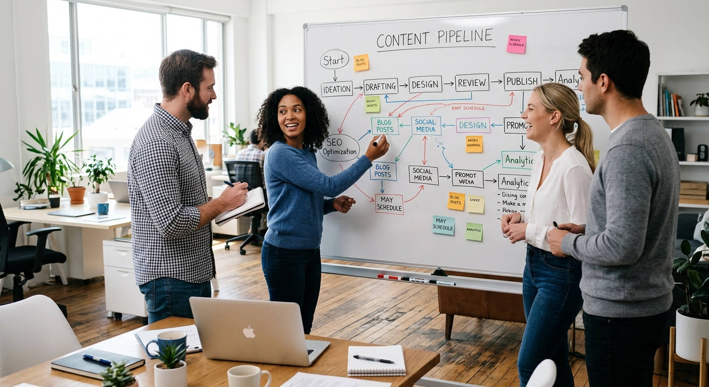 Equipe de marketing discutindo fluxo de criação de conteúdo em um quadro branco