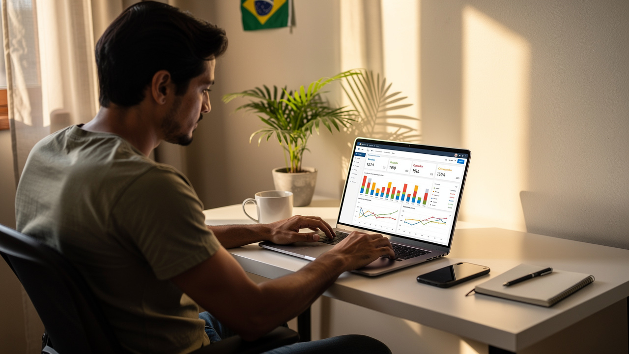Lojista brasileiro analisando métricas de vendas no computador em escritório doméstico