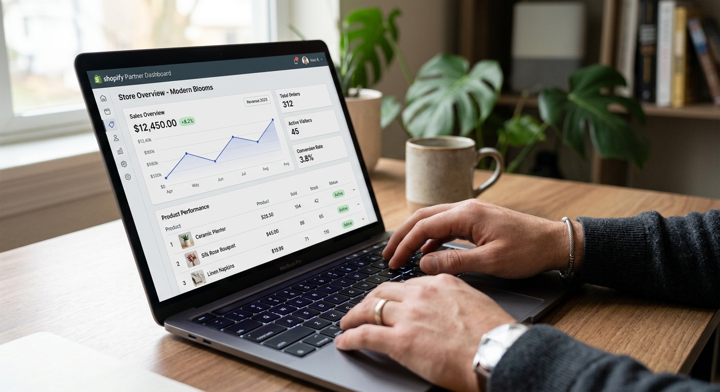 Tela de notebook exibindo um painel de gestão de e-commerce com gráficos e listas de produtos organizados