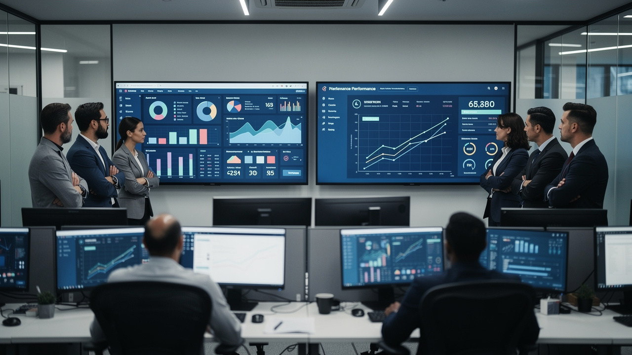 Dois times em escritório moderno olhando dashboards diferentes com clima de tensão
