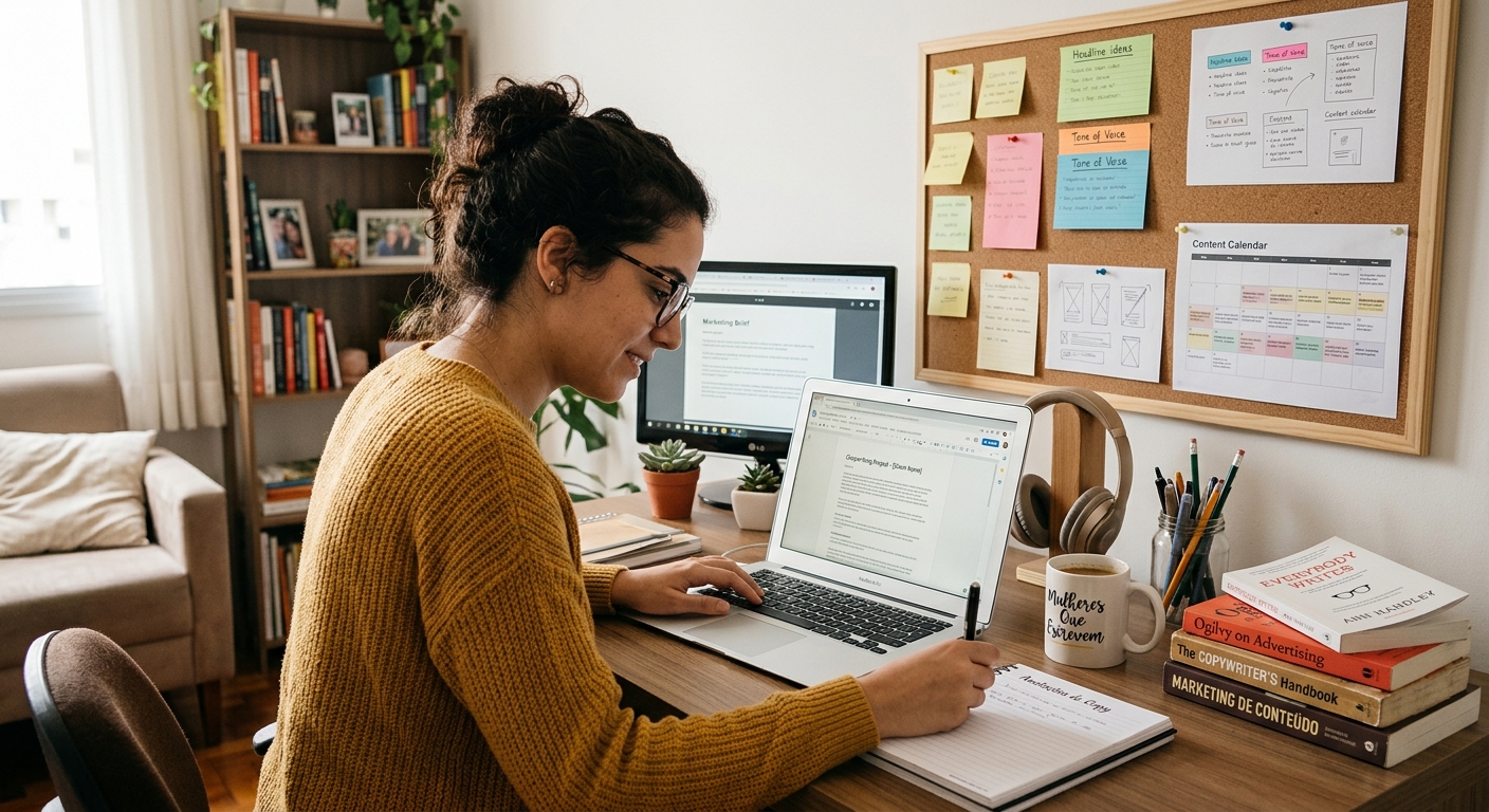 Espaço de trabalho organizado com ferramentas de copywriting, como anotações, livros e um laptop