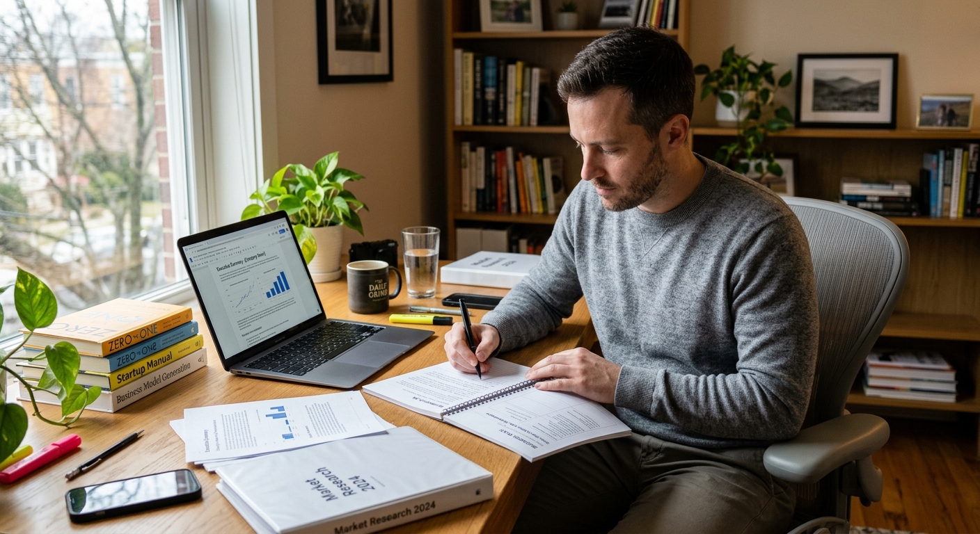 Homem analisando um plano de negócios em mesa com laptop e materiais de pesquisa