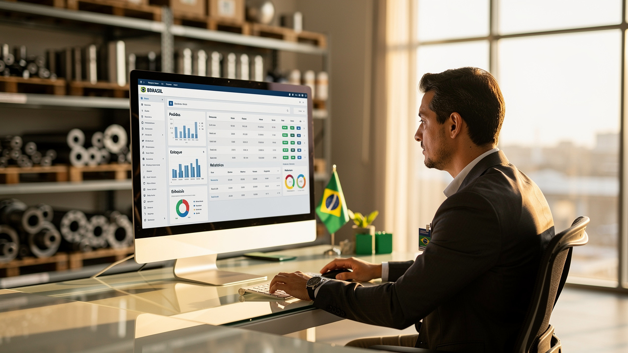 Empresário industrial analisando painel de e-commerce B2B em escritório moderno no Brasil