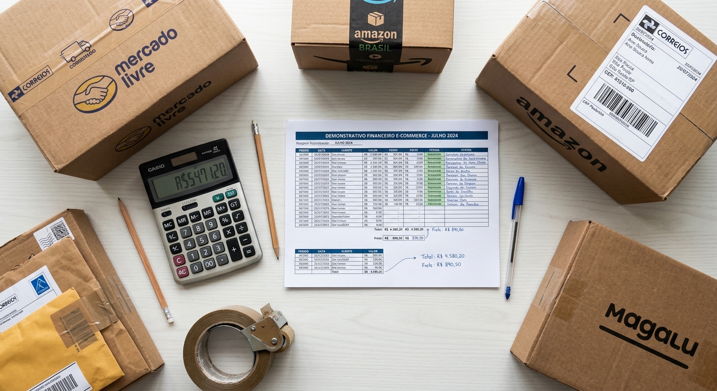 Caixas de e-commerce com calculadora, etiqueta de frete e planilha financeira sobre mesa branca