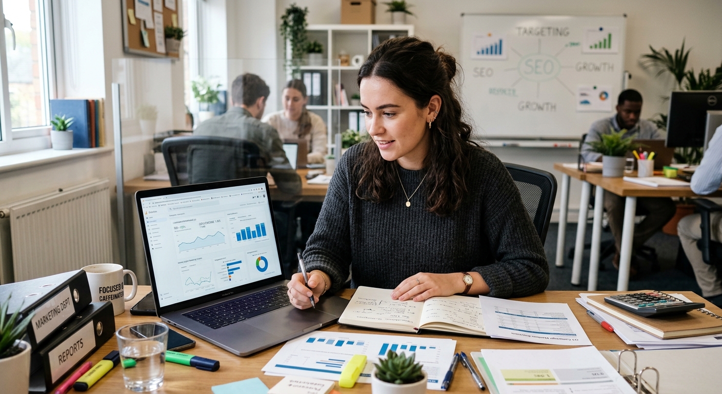 Jovem mulher analisando atentamente relatório de campanha de marketing digital em notebook