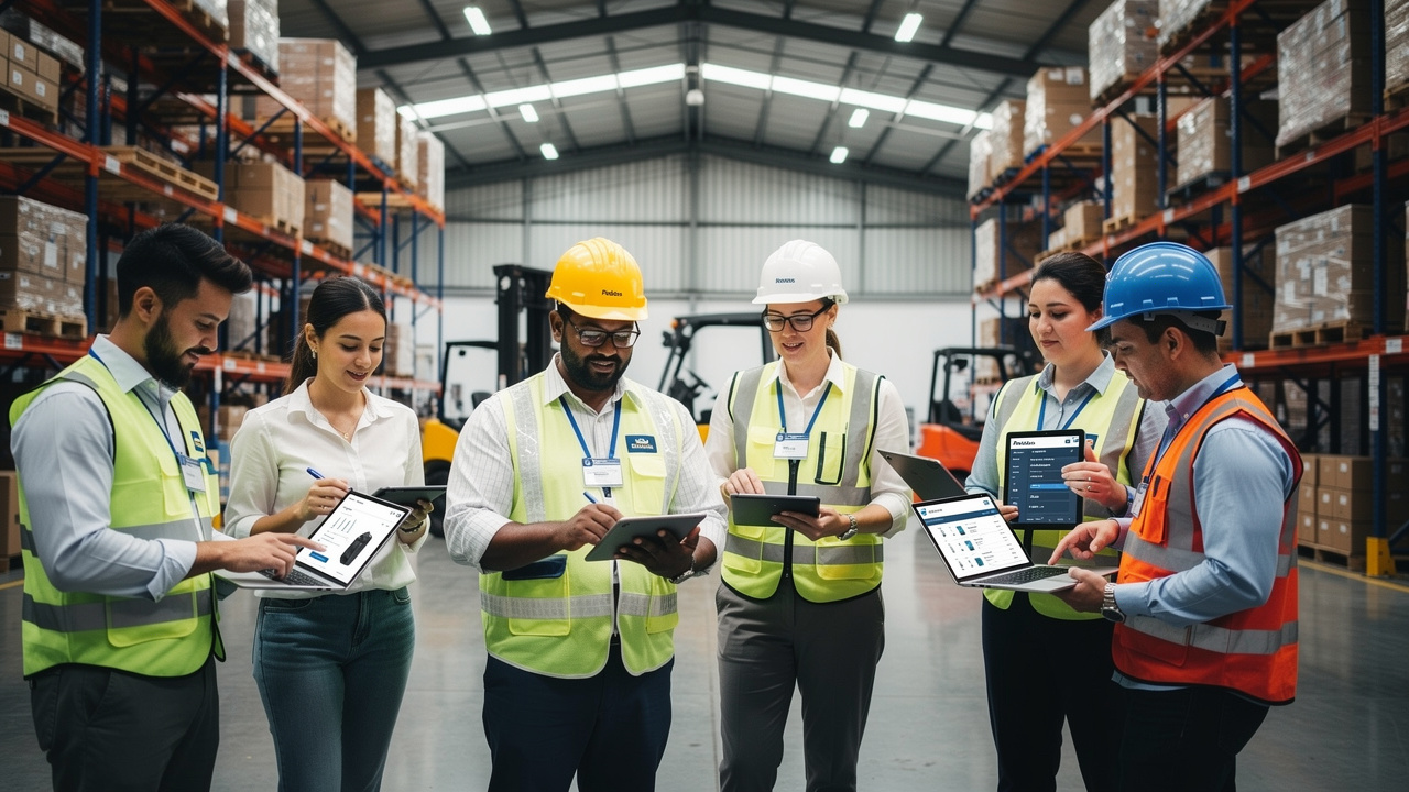 Trabalhadores em galpão industrial brasileiro usando tablets para vendas online B2B