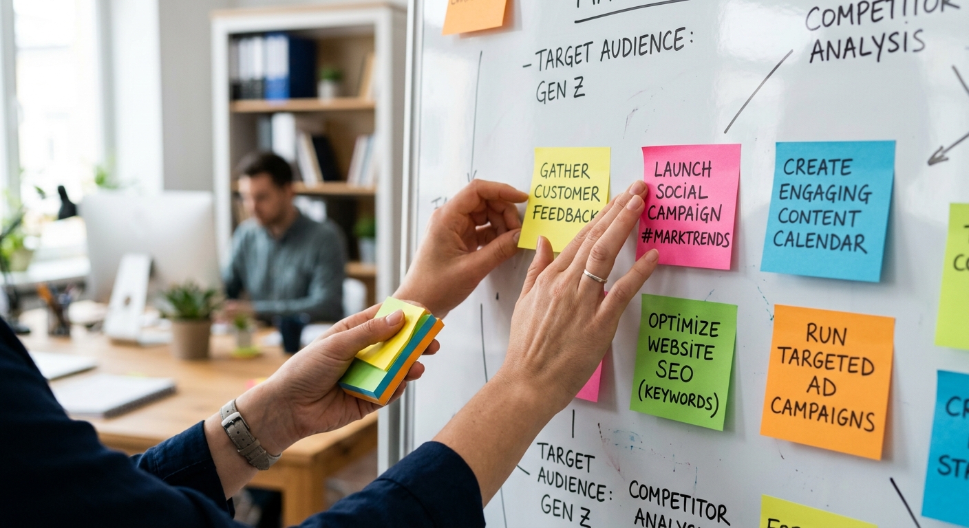 Mãos de uma pessoa colando post-its coloridos com ideias de marketing em um quadro branco de escritório.