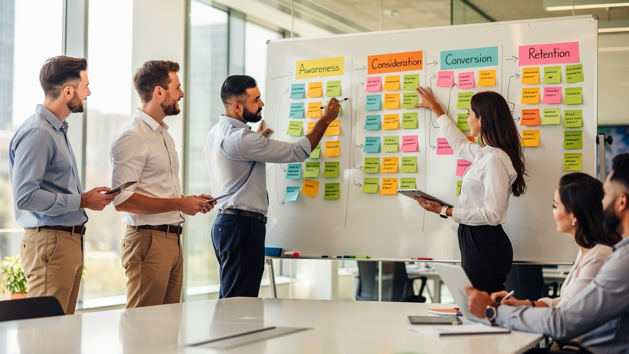 Equipe de estratégia mapeando fluxo de processos de marketing em quadro branco