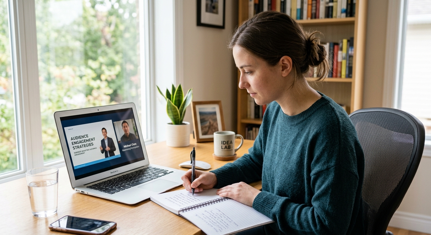Pessoa fazendo anotações durante um webinar sobre estratégias de engajamento de audiência em ambiente bem iluminado