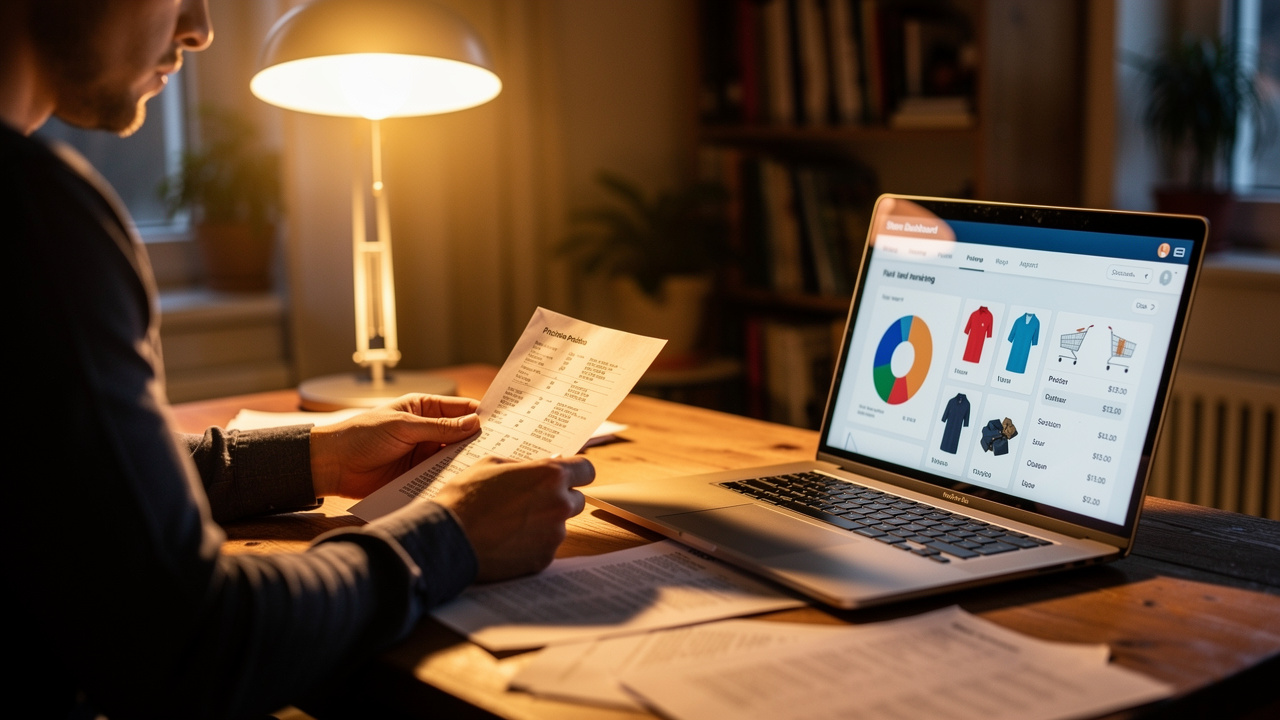 Pessoa revisando anotações de precificação ao lado de notebook com painel de e-commerce aberto