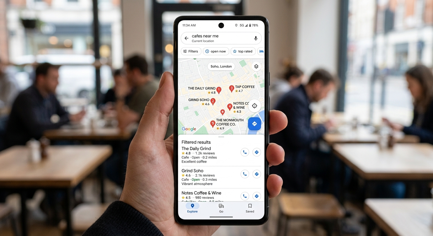 Tela de celular mostrando uma busca por cafés no Google Maps com resultados locais