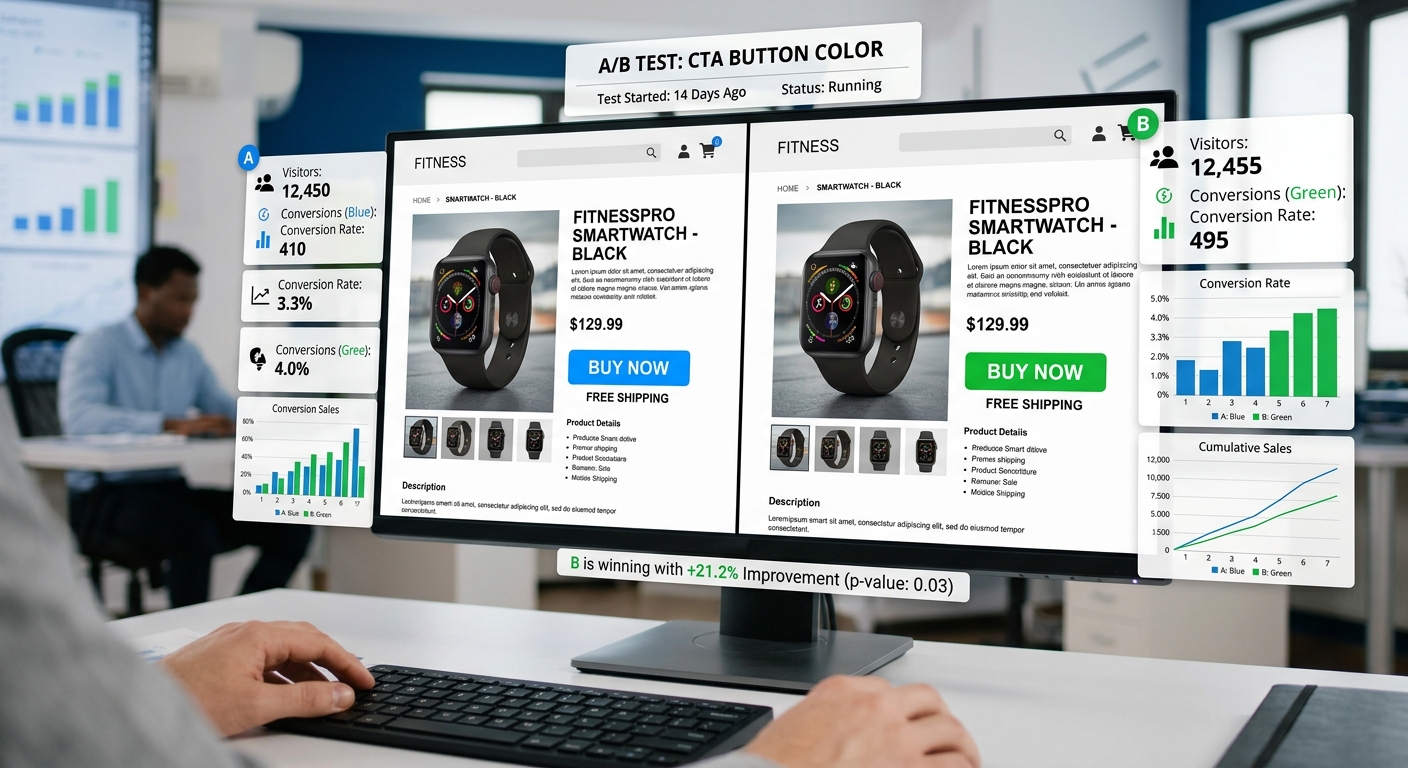 Comparativo de teste A/B em um site de e-commerce com botões de cores diferentes para otimizar a conversão