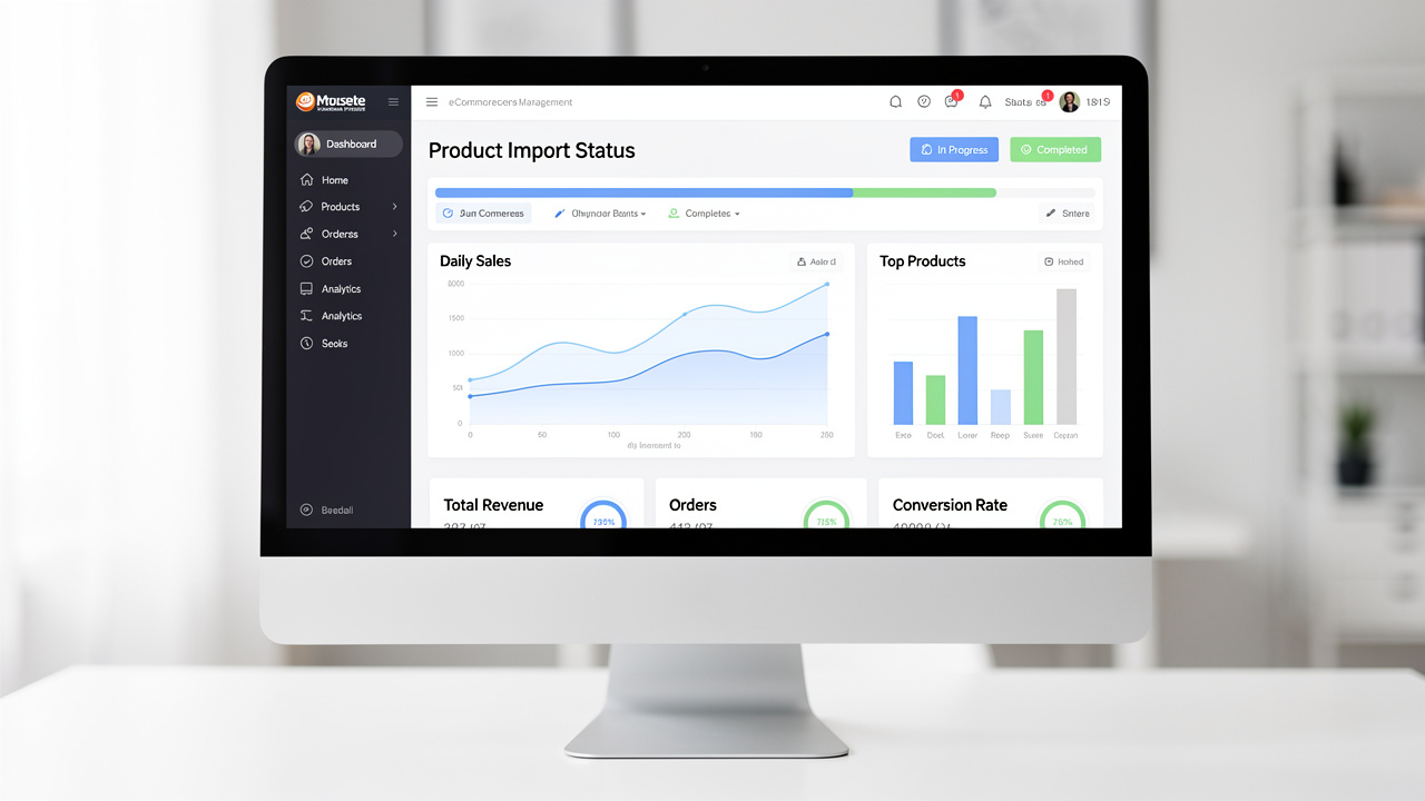 Painel de um software de gestão de e-commerce mostrando dados de importação e vendas em uma tela.